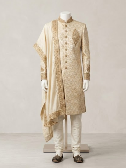 Cream and Gold Traditional Sherwani